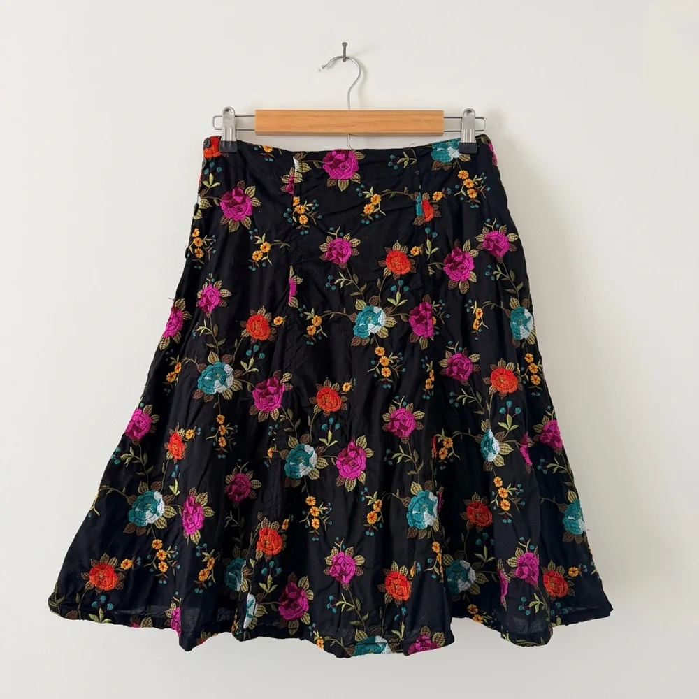 Johnny Was Black A-Line Skirt with Multicolor Floral Embroidery